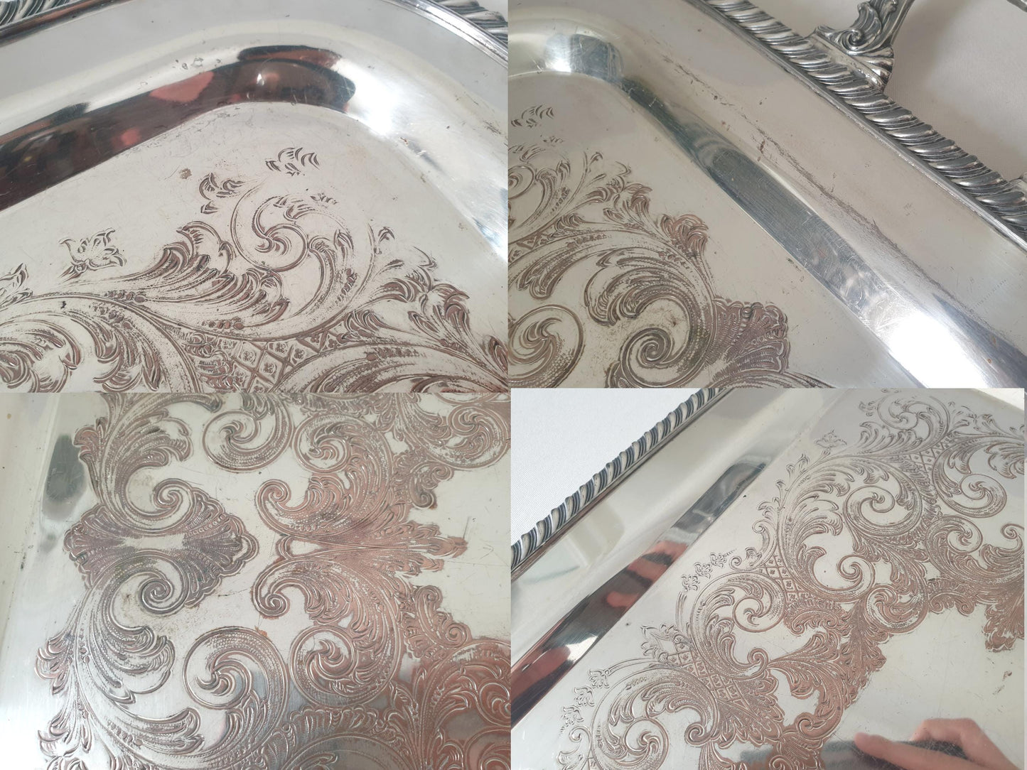 Antique Large Silver Plate on Copper Rectangular Serving Tray with Handles, Featuring Foliate Engraving by F.B. Rogers Silver Co.