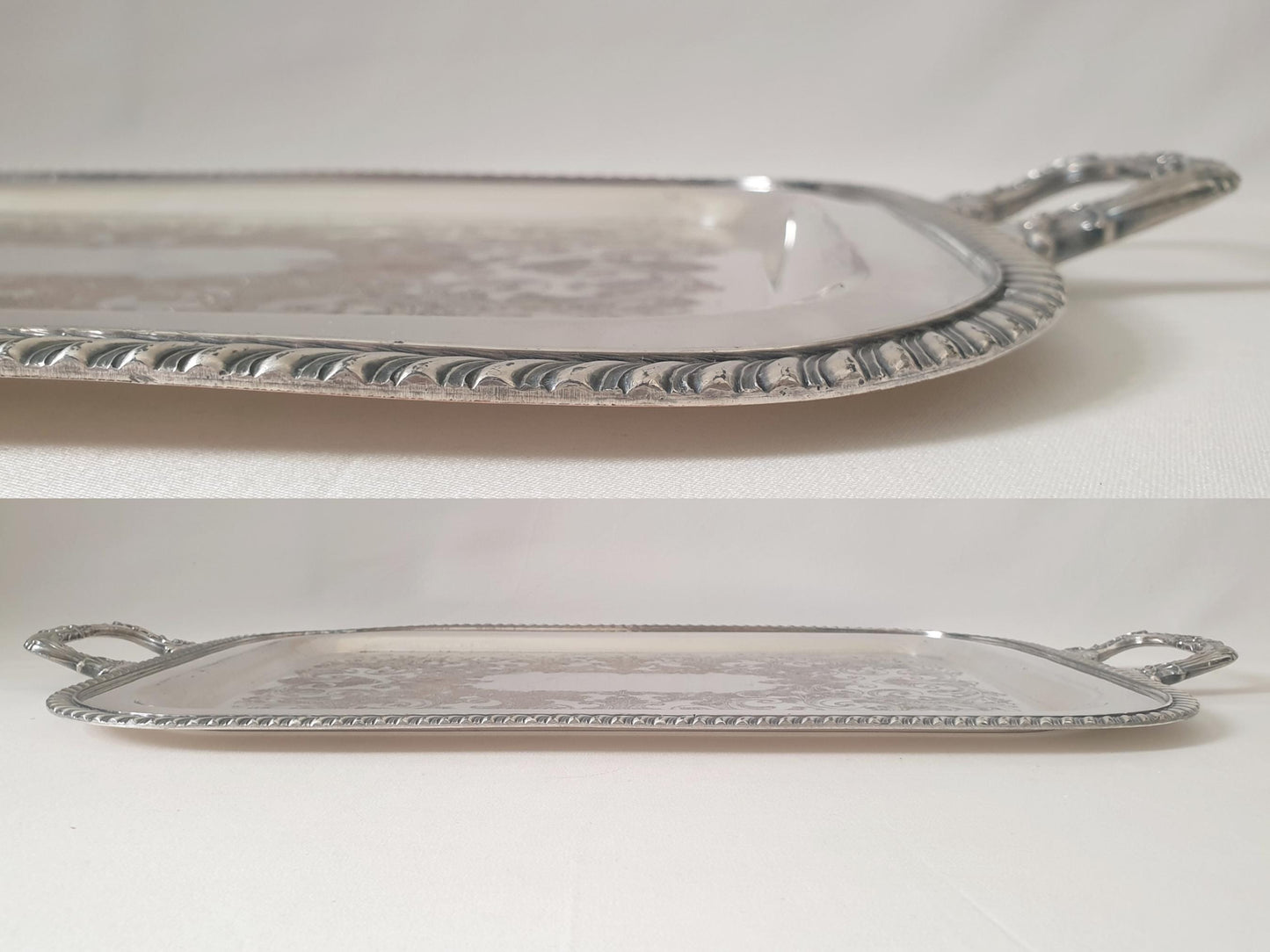 Antique Large Silver Plate on Copper Rectangular Serving Tray with Handles, Featuring Foliate Engraving by F.B. Rogers Silver Co.