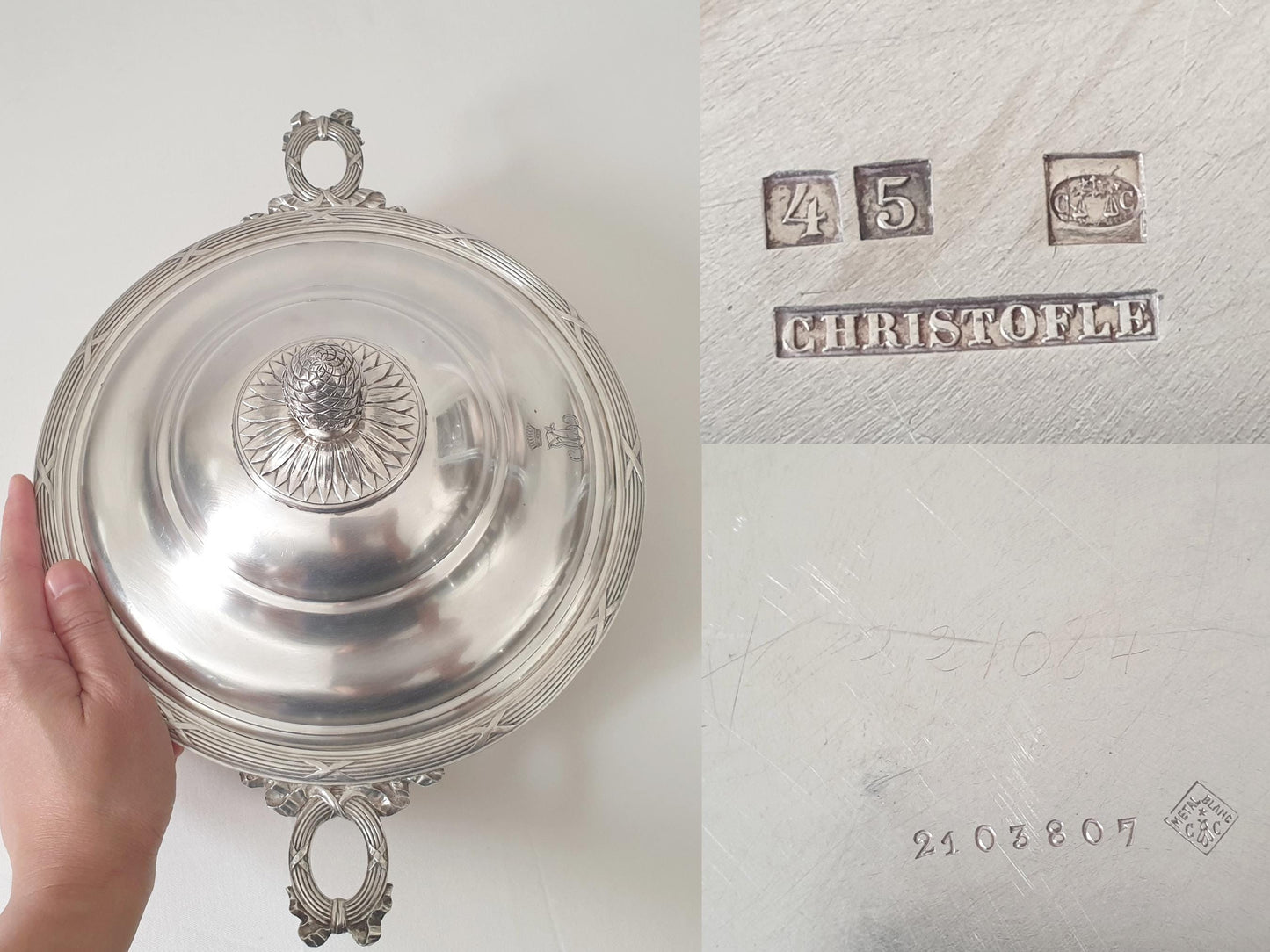 Rare Antique Christofle Silver Plated Covered Vegetable Dish or Casserole Dish with Ribbon Motif