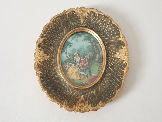 Vintage Hand Painted Miniature "Scène d'Amour" Influenced by Watteau in Gilded Wood Frame