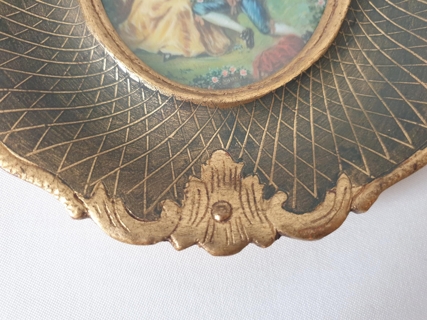 Vintage Hand Painted Miniature "Scène d'Amour" Influenced by Watteau in Gilded Wood Frame