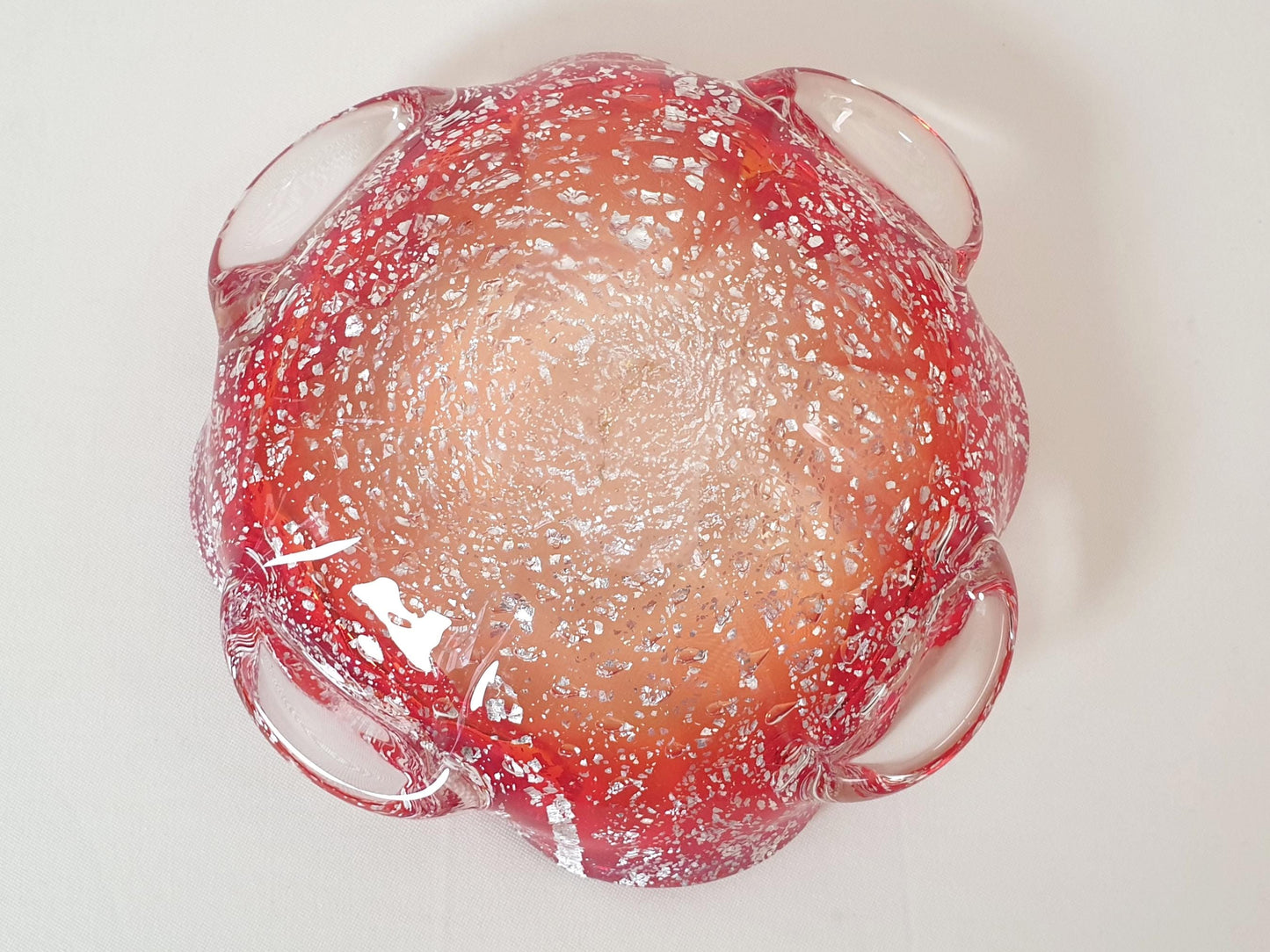 Vintage Amberina Red Murano Glass Sommerso Bowl or Ashtray with Gold and Silver Flecks by Barovier & Toso Circa 1950