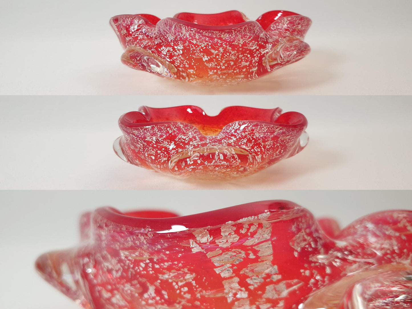 Vintage Amberina Red Murano Glass Sommerso Bowl or Ashtray with Gold and Silver Flecks by Barovier & Toso Circa 1950