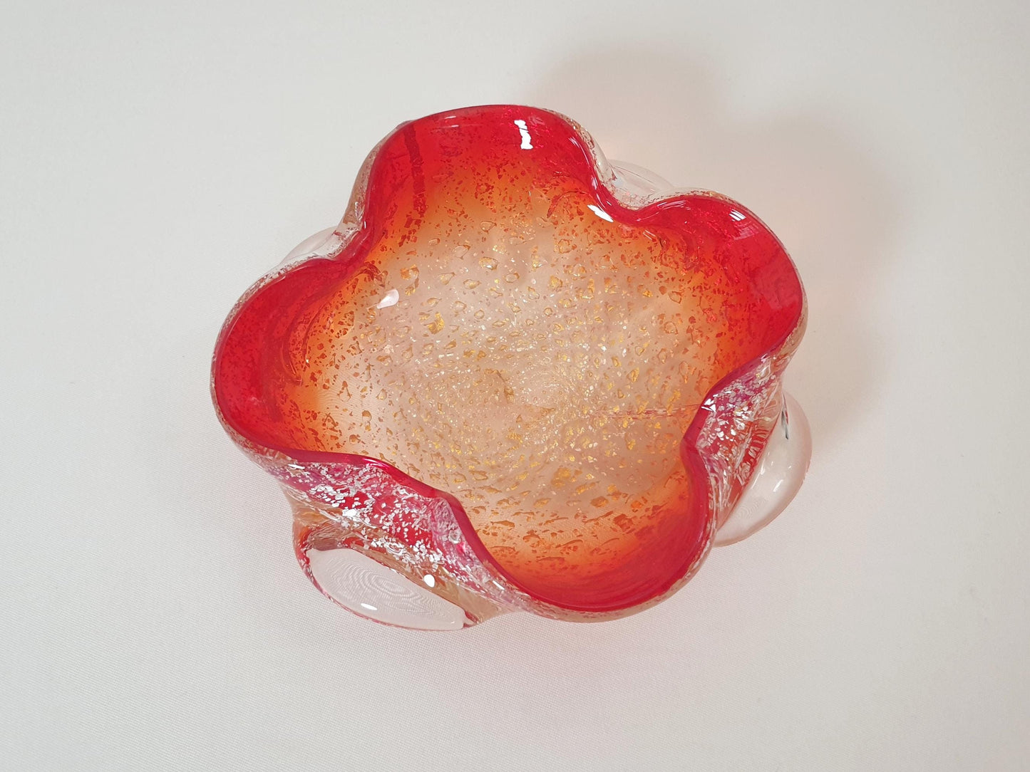 Vintage Amberina Red Murano Glass Sommerso Bowl or Ashtray with Gold and Silver Flecks by Barovier & Toso Circa 1950