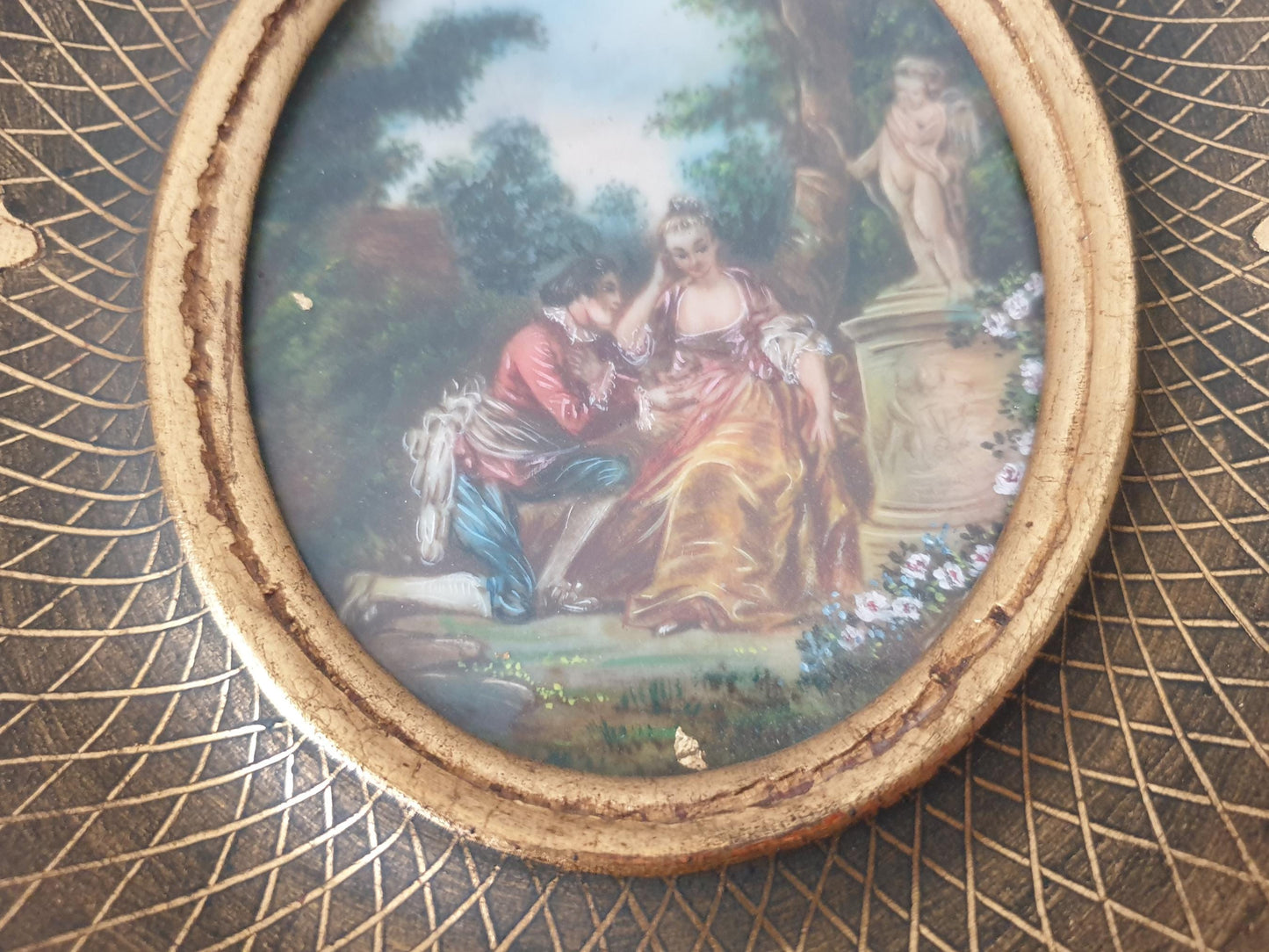 Vintage Hand Painted Miniature "Scène d'Amour" Inspired by Watteau in Gilded Wood Frame