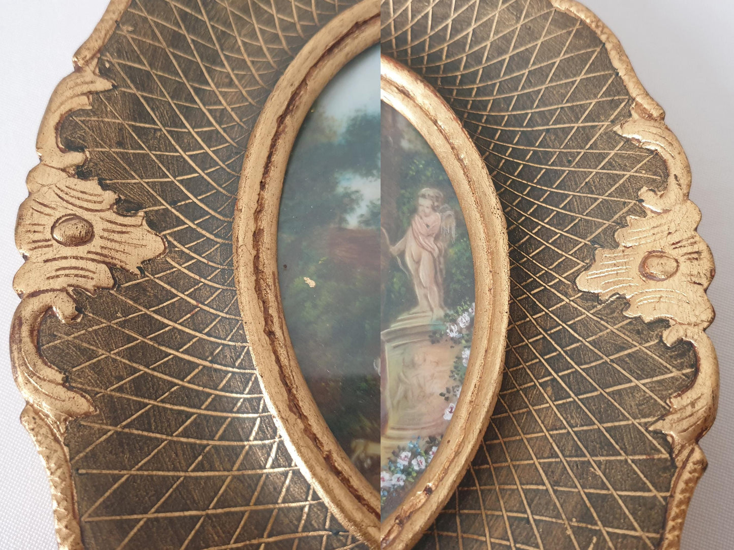 Vintage Hand Painted Miniature "Scène d'Amour" Inspired by Watteau in Gilded Wood Frame