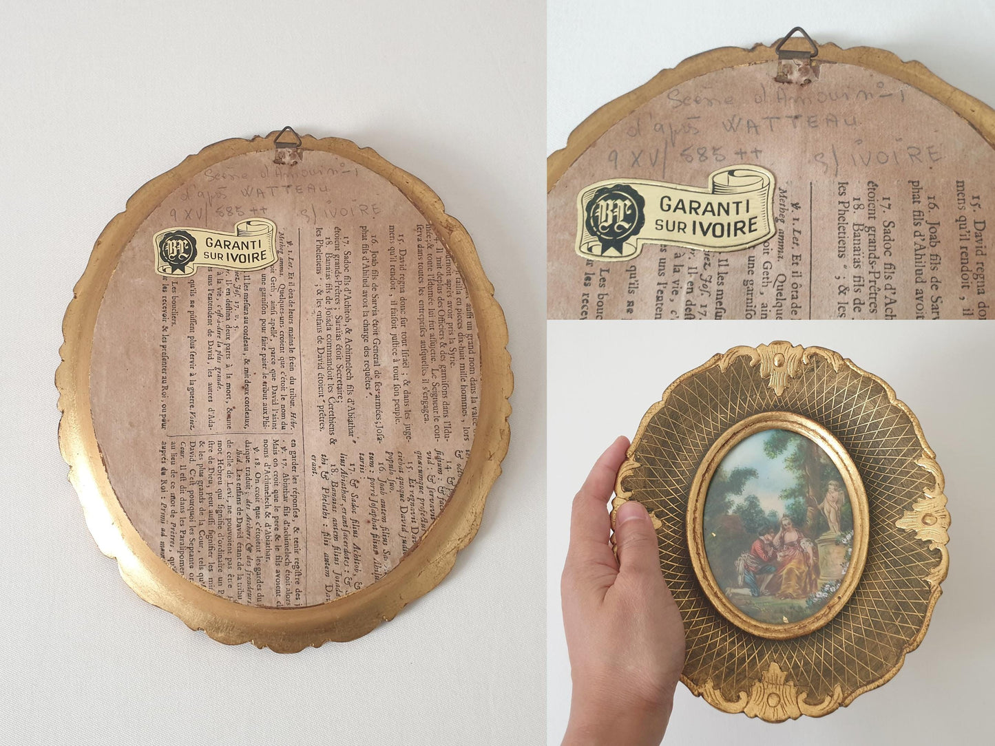 Vintage Hand Painted Miniature "Scène d'Amour" Inspired by Watteau in Gilded Wood Frame