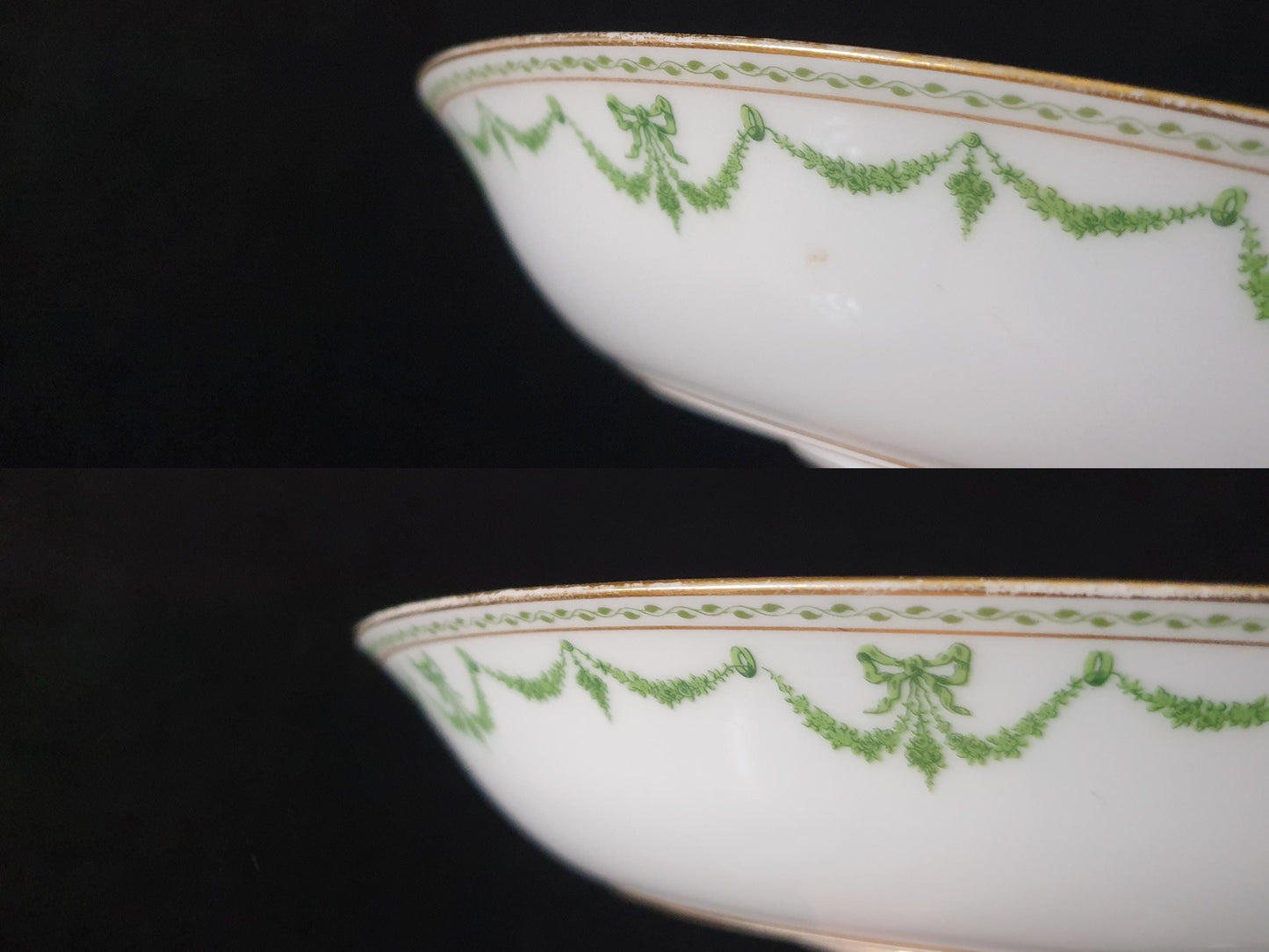 French Limoges Depos Pedestal Compote Footed Centrepiece Bowl - Porcelain Pedestal Serving Bowl in White and Green Tones