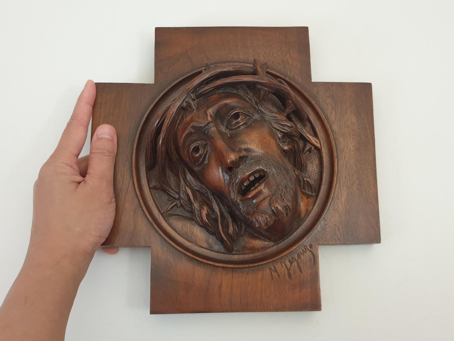 Vintage French 'Christ of Sorrow' Sculpture in High-Relief Carved Walnut Wood - Wooden Crucifix