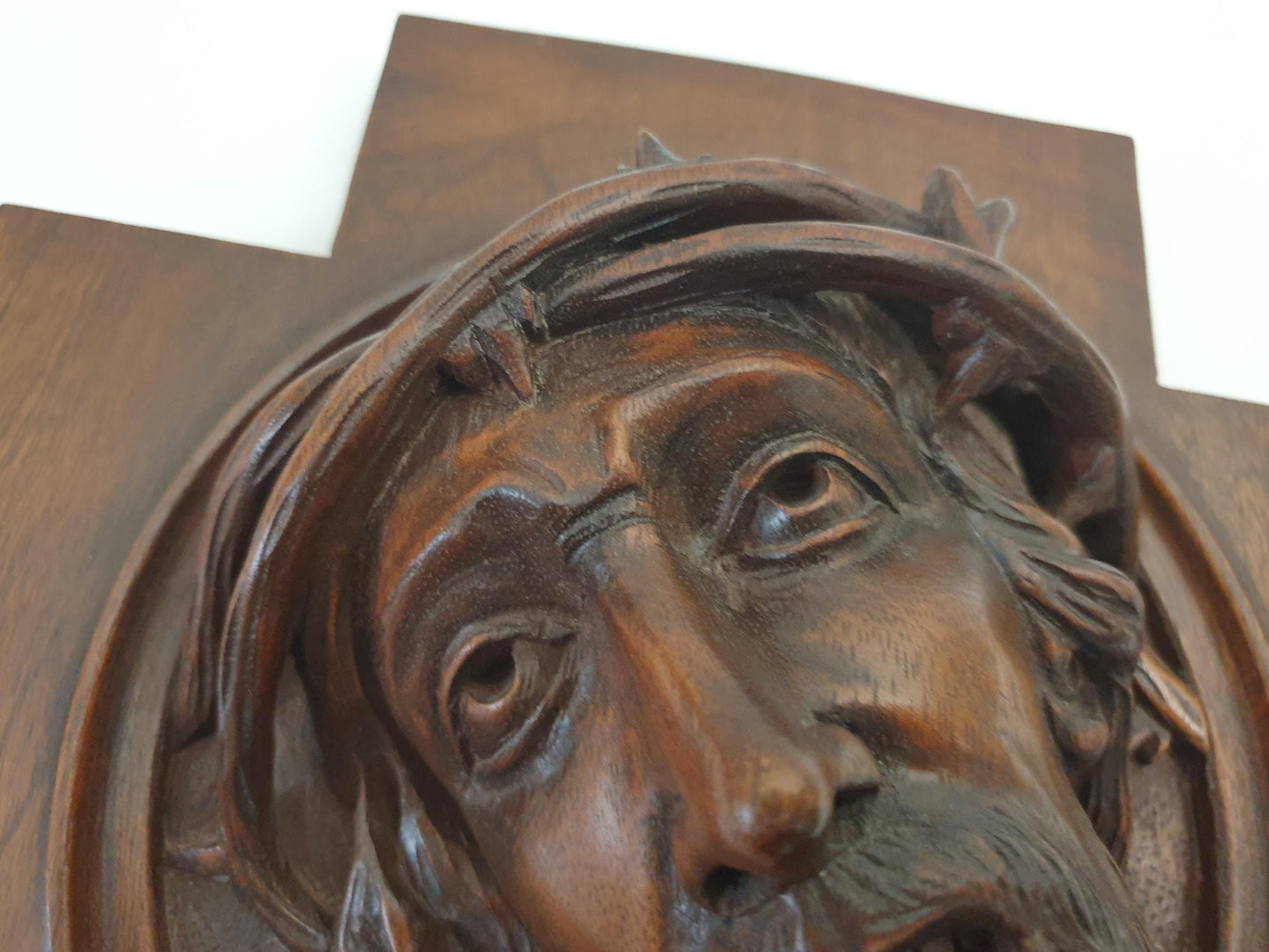 Vintage French 'Christ of Sorrow' Sculpture in High-Relief Carved Walnut Wood - Wooden Crucifix