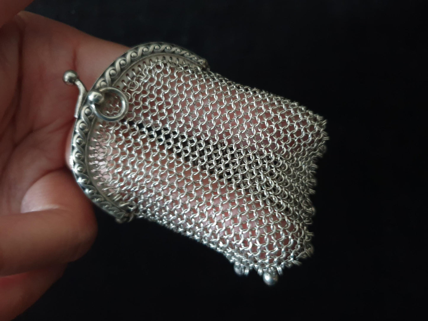 Vintage Silver Coin Purse with Half Moon Clutch Frame - French Silver Mesh Coin Purse