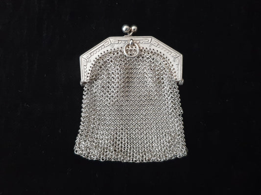 Vintage Silver Coin Purse with Pentagon Shaped Clutch Frame and Two Compartments - French Silver Mesh Coin Purse