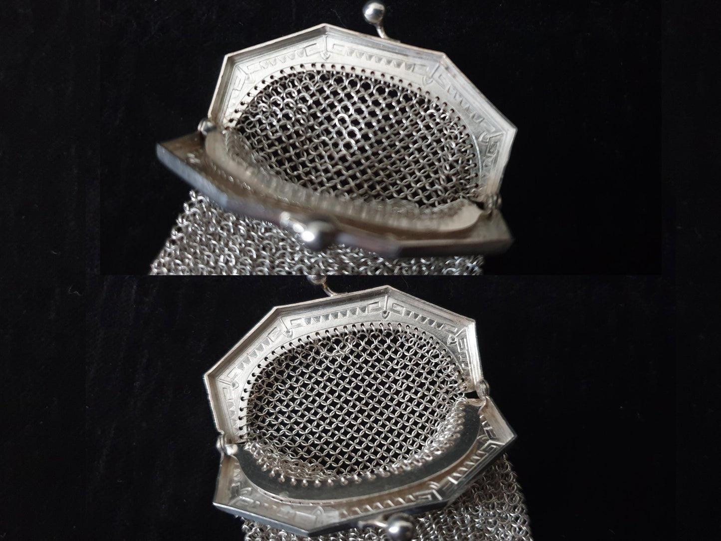 Vintage Silver Coin Purse with Pentagon Shaped Clutch Frame and Two Compartments - French Silver Mesh Coin Purse