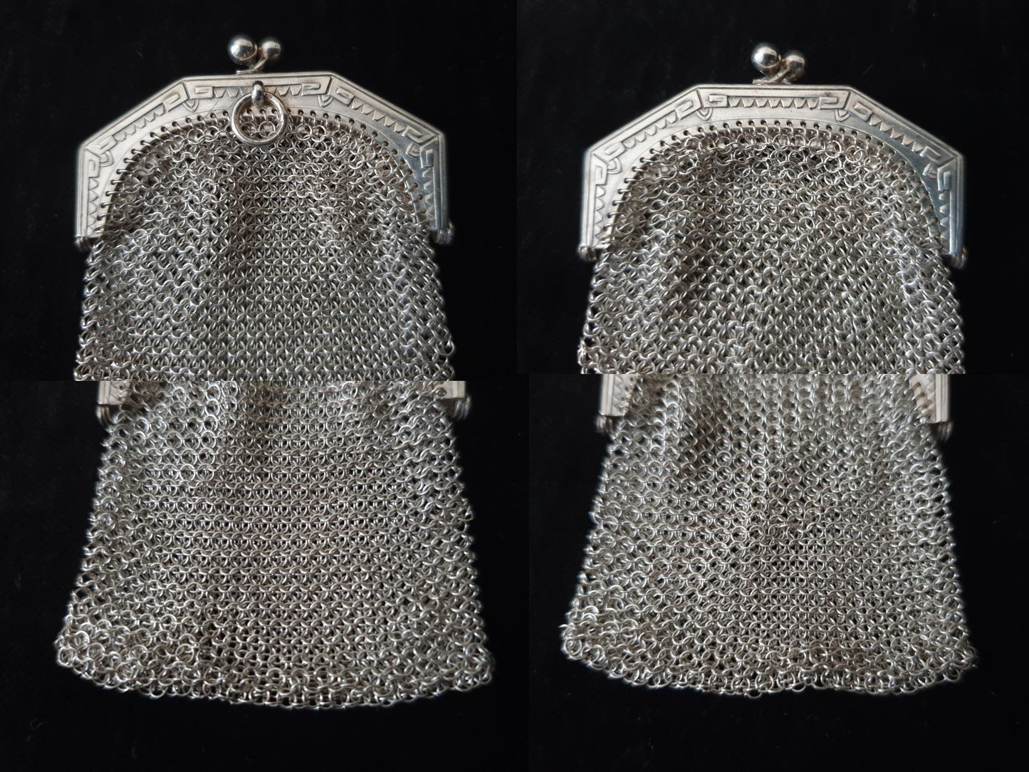 Vintage Silver Coin Purse with Pentagon Shaped Clutch Frame and Two Compartments - French Silver Mesh Coin Purse