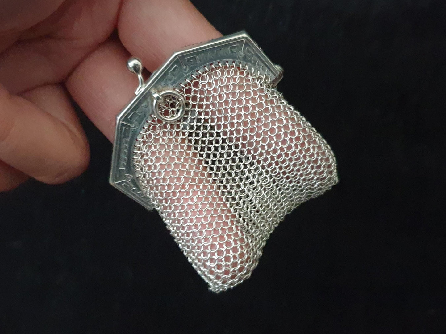 Vintage Silver Coin Purse with Pentagon Shaped Clutch Frame and Two Compartments - French Silver Mesh Coin Purse