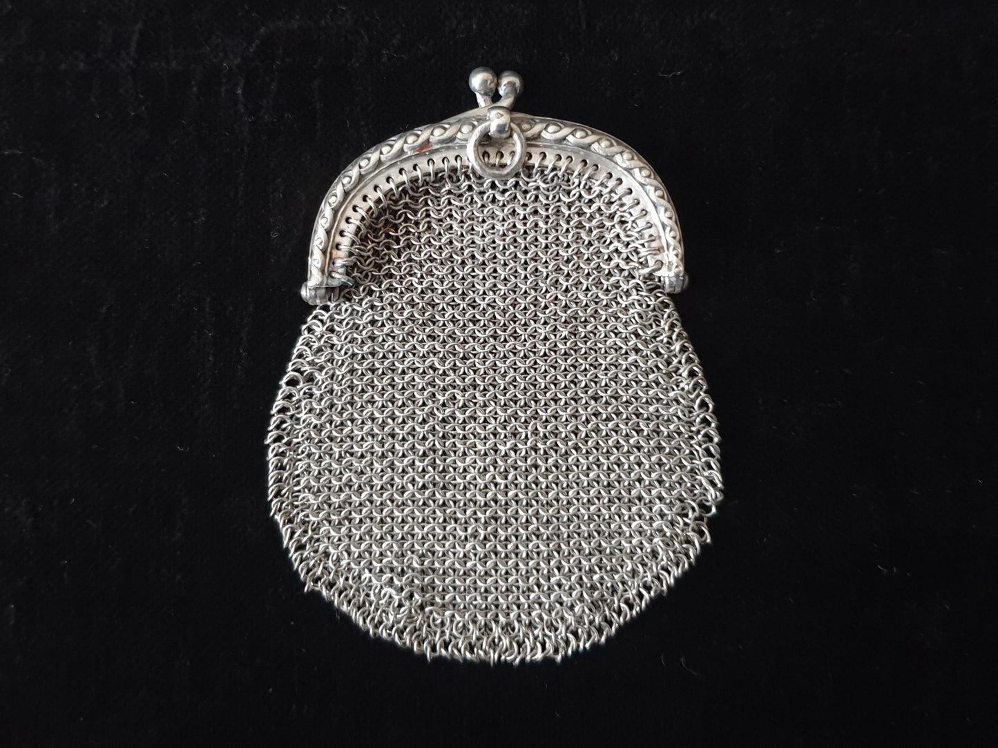 Vintage Silver Coin Purse in Rounded Pouch Shape with Half Moon Clutch Frame - French Silver Mesh Coin Purse