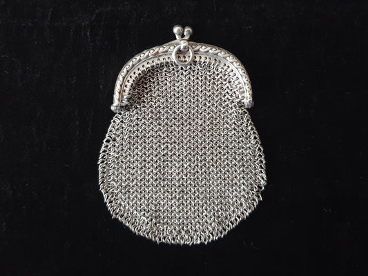 Vintage Silver Coin Purse in Rounded Pouch Shape with Half Moon Clutch Frame - French Silver Mesh Coin Purse