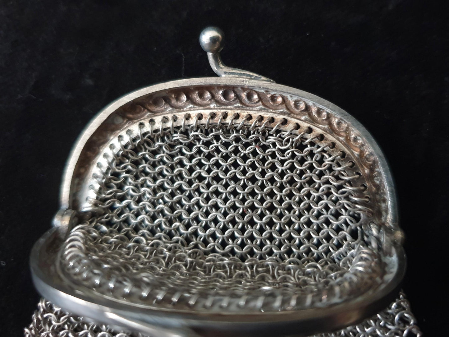 Vintage Silver Coin Purse in Rounded Pouch Shape with Half Moon Clutch Frame - French Silver Mesh Coin Purse