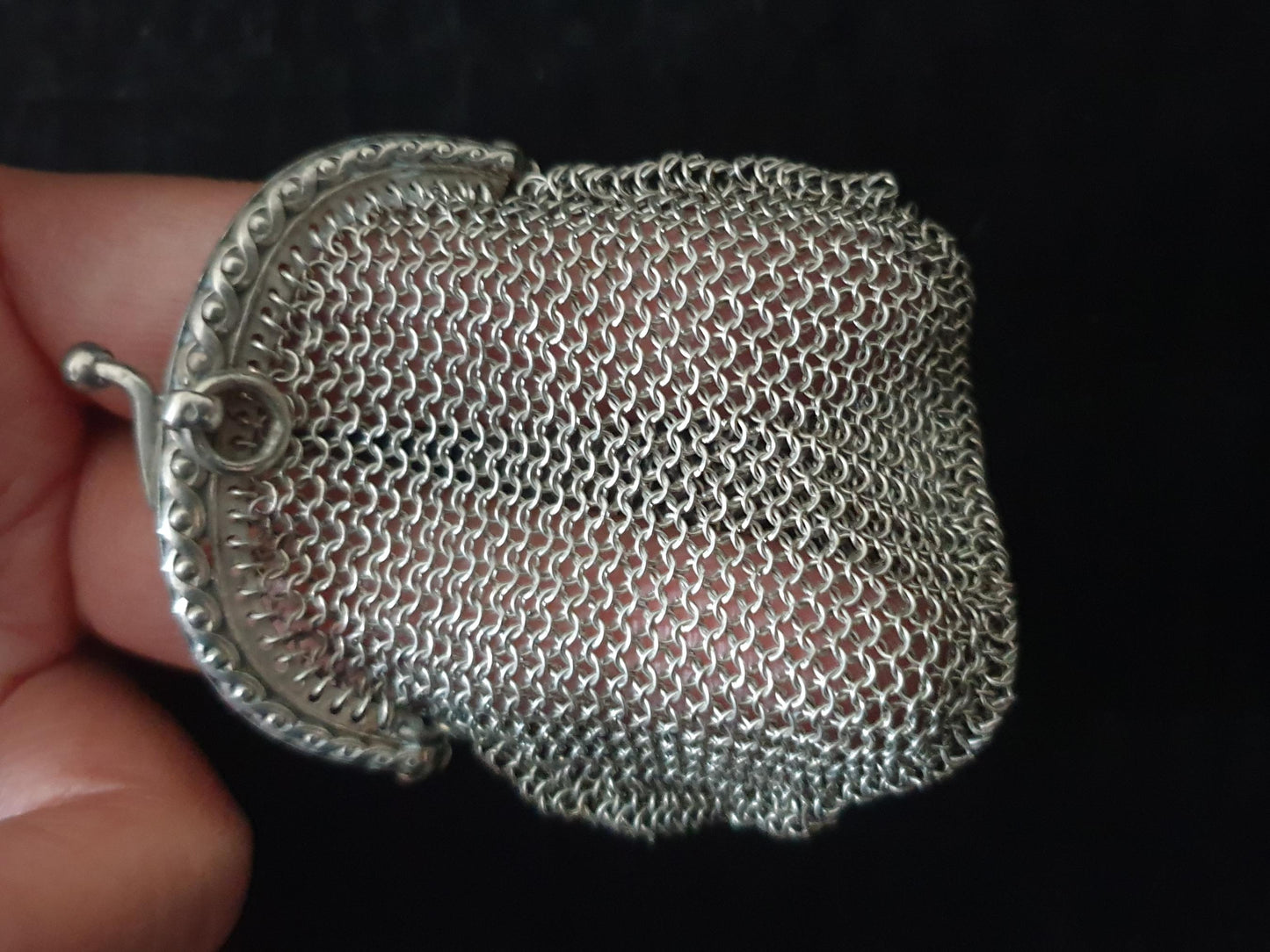 Vintage Silver Coin Purse in Rounded Pouch Shape with Half Moon Clutch Frame - French Silver Mesh Coin Purse