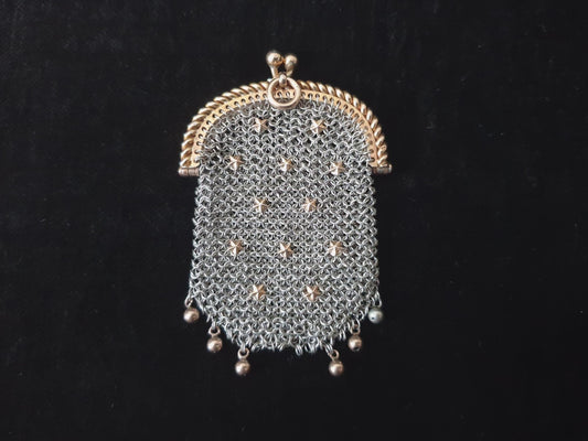 Antique French Gilt Silver Coin Purse with Two Compartments - Vermeil Silver Mesh with Star Decorations