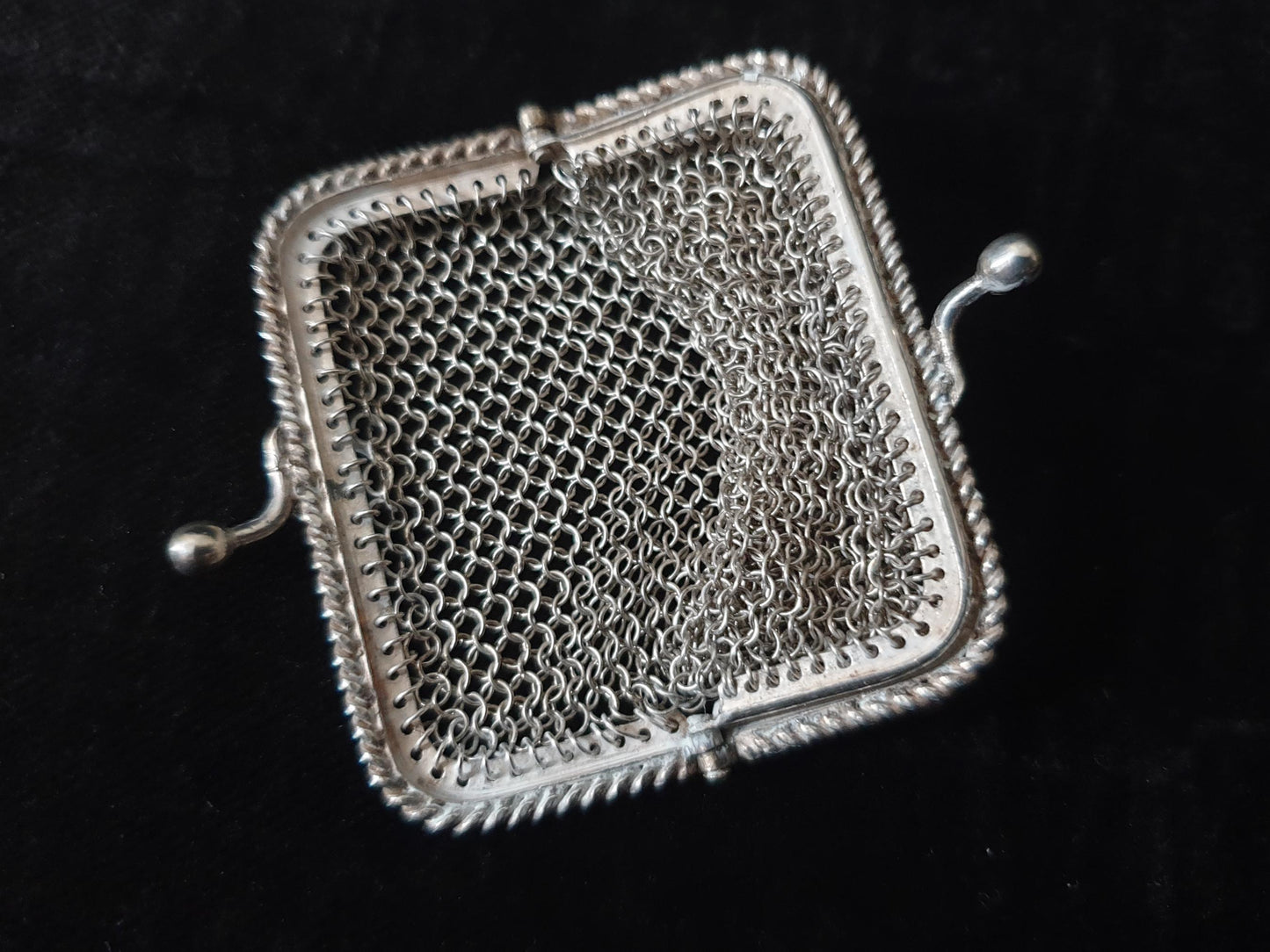 Vintage Silver Coin Purse with Rectangular Clutch Frame and Two Compartments - French Silver Mesh Coin Purse