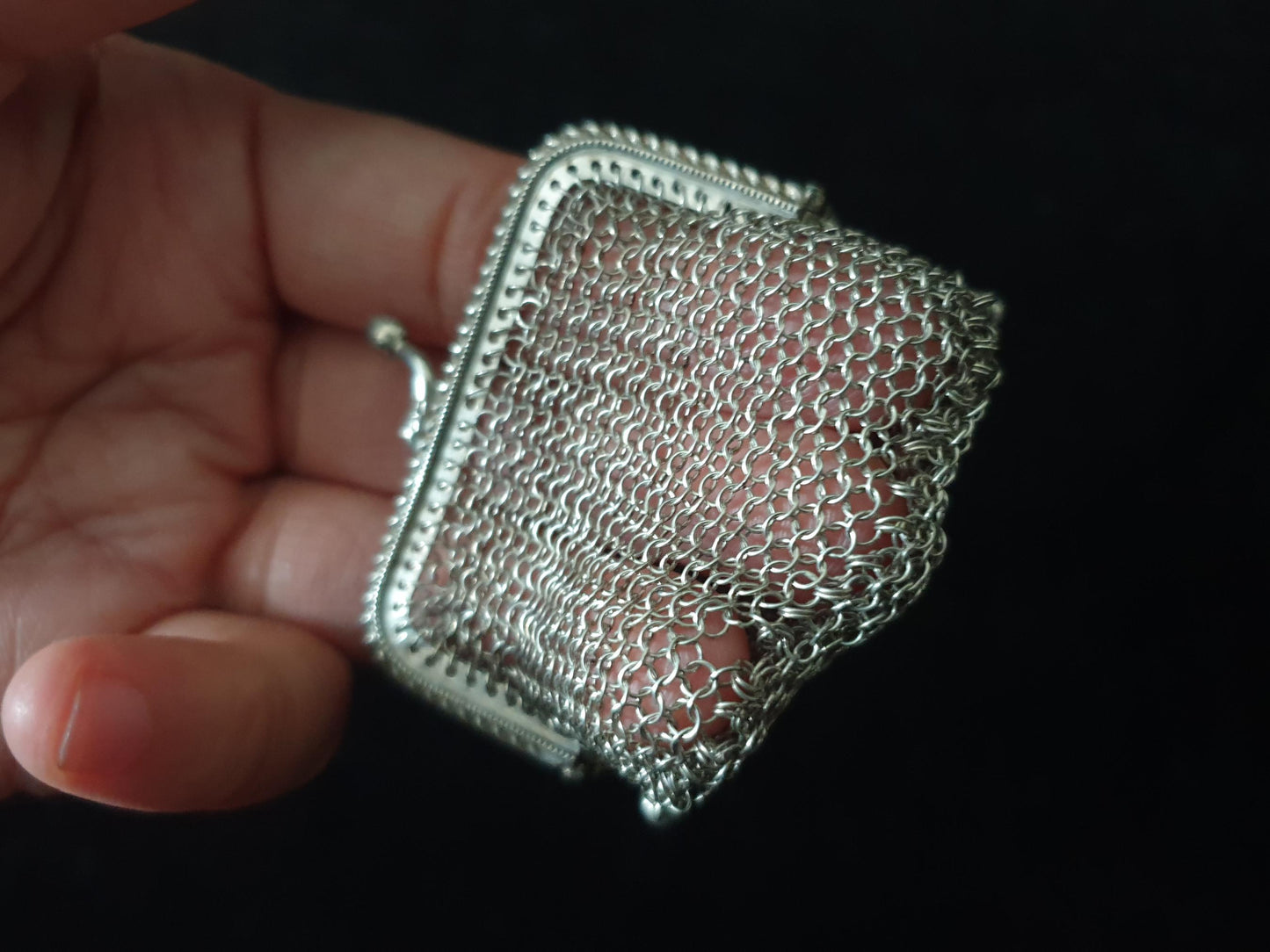 Vintage Silver Coin Purse with Rectangular Clutch Frame and Two Compartments - French Silver Mesh Coin Purse