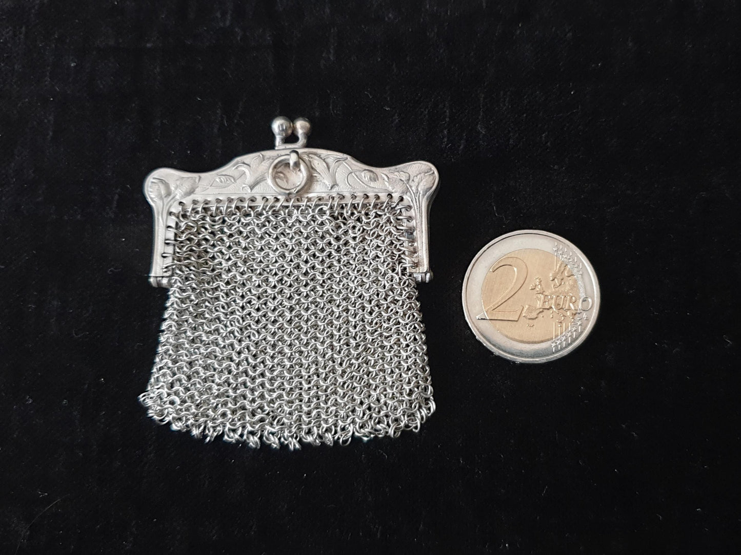 Vintage Silver Coin Purse with Rectangular Floral Clutch Frame and Two Compartments - French Silver Mesh Coin Purse