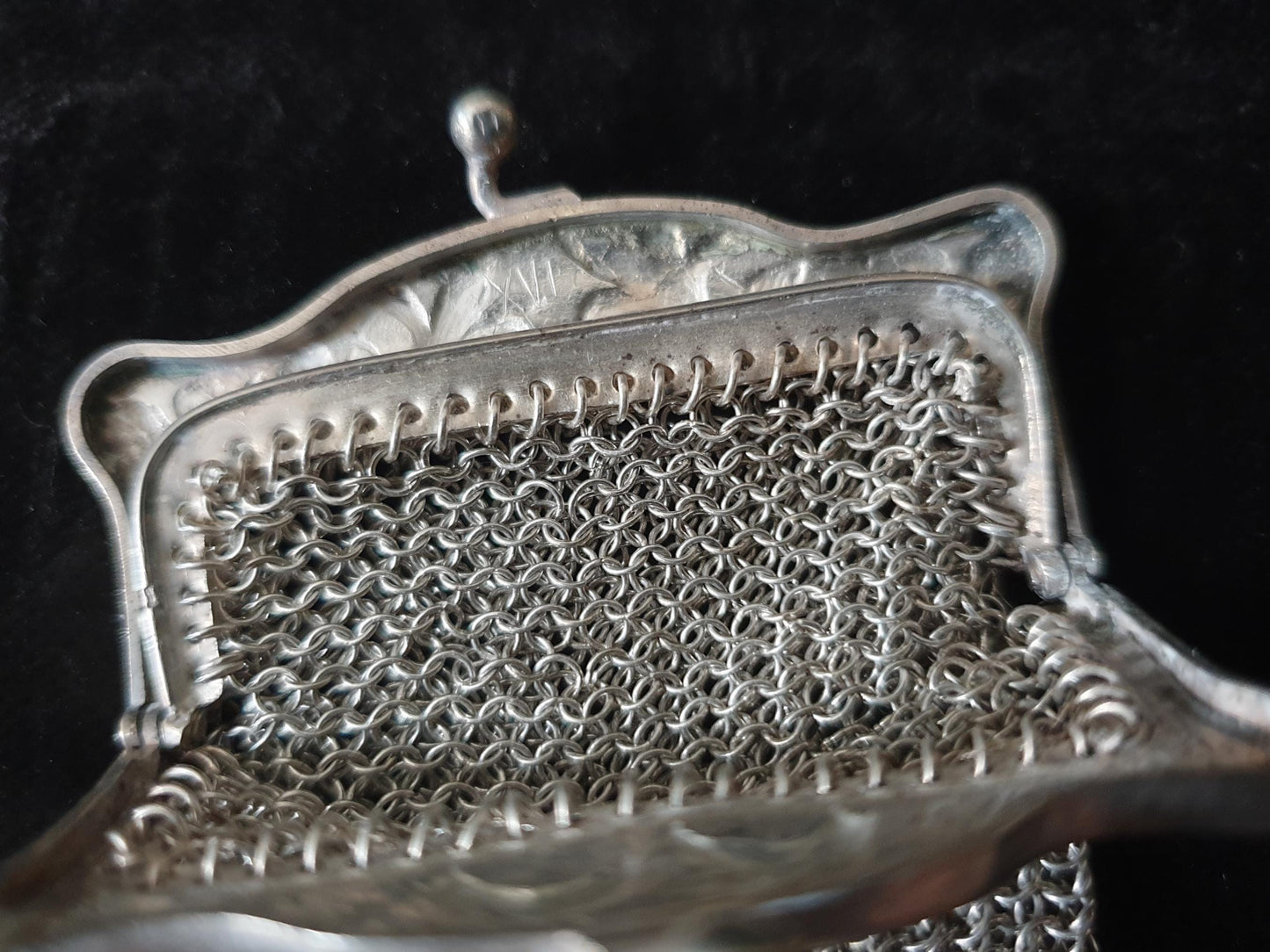 Vintage Silver Coin Purse with Rectangular Floral Clutch Frame and Two Compartments - French Silver Mesh Coin Purse