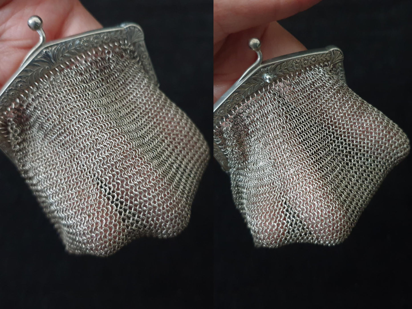 Vintage Silver Coin Purse with Rectangular Floral Clutch Frame and Two Compartments - French Silver Mesh Coin Purse