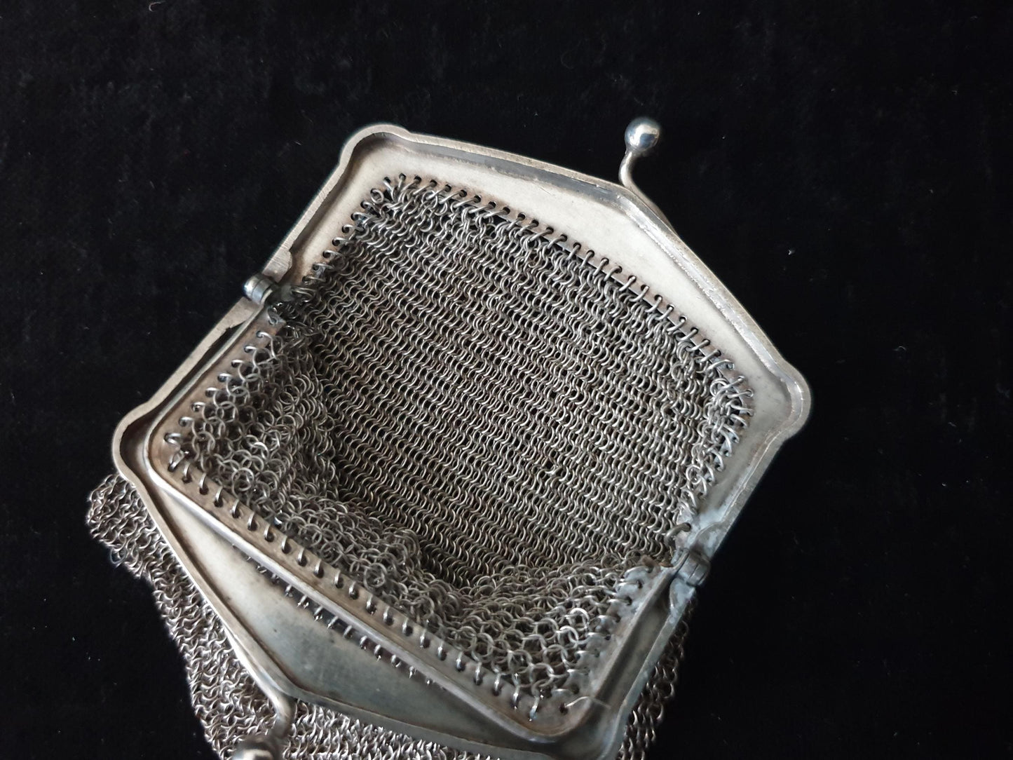 Vintage Silver Coin Purse with Rectangular Floral Clutch Frame and Two Compartments - French Silver Mesh Coin Purse