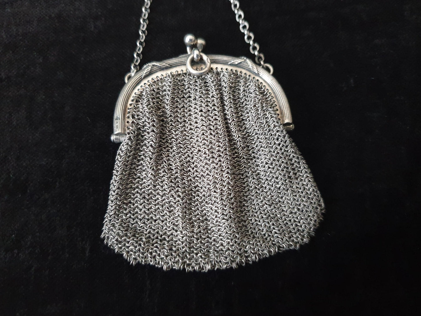 Vintage Silver Coin Purse with Small Chain and Two Compartments  - French Silver Mesh Coin Purse