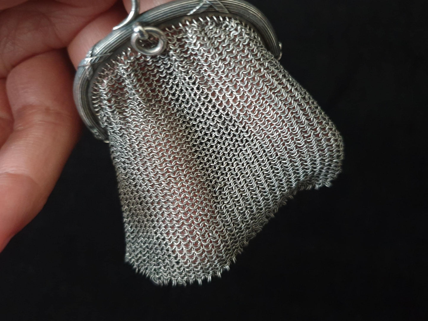 Vintage Silver Coin Purse with Small Chain and Two Compartments  - French Silver Mesh Coin Purse