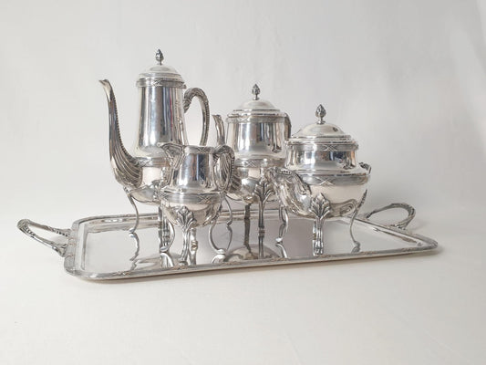 French Antique Silver Plated Tea and Coffee Service Set in Louis XVI Style with Crossed Ribbons - 5 Piece Tea Set