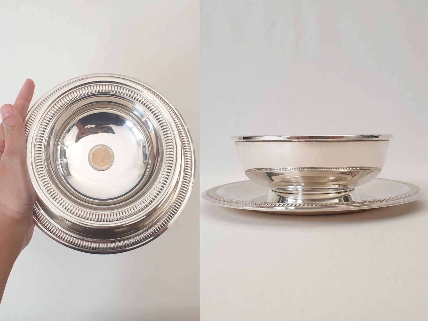 Vintage Silver Plated Round Double Walled Gravy Sauce Bowl with Saucer - Dip Bowl with Attached Saucer Dish