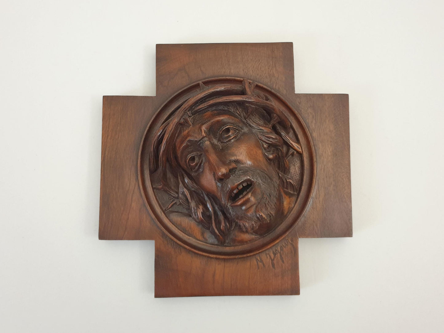 Vintage French 'Christ of Sorrow' Sculpture in High-Relief Carved Walnut Wood - Wooden Crucifix