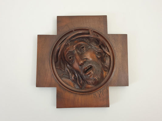 Vintage French 'Christ of Sorrow' Sculpture in High-Relief Carved Walnut Wood - Wooden Crucifix