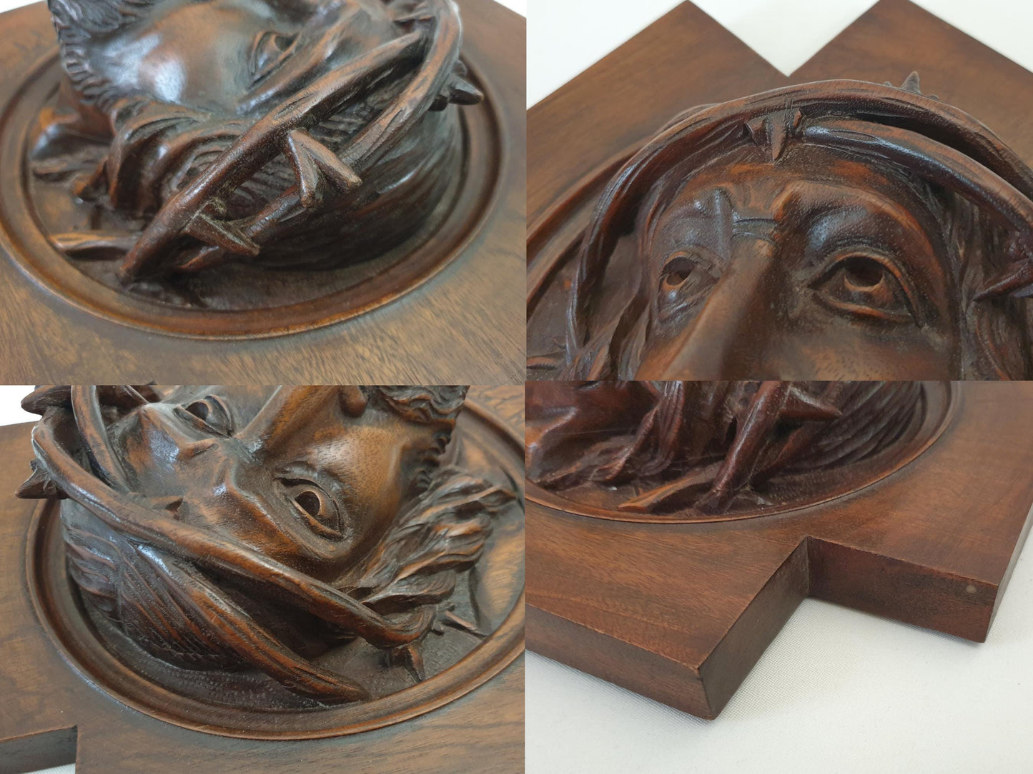 Vintage French 'Christ of Sorrow' Sculpture in High-Relief Carved Walnut Wood - Wooden Crucifix