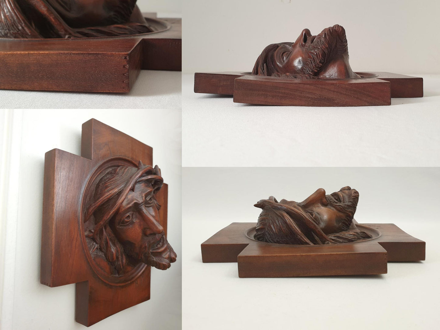 Vintage French 'Christ of Sorrow' Sculpture in High-Relief Carved Walnut Wood - Wooden Crucifix