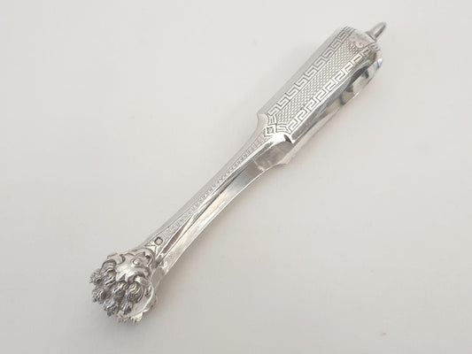 Antique 950 Silver Sugar Tongs by Philippe Berthier, Paris - Featuring Engraved Greek Key Frieze and Lion's Claw-Shaped Grips