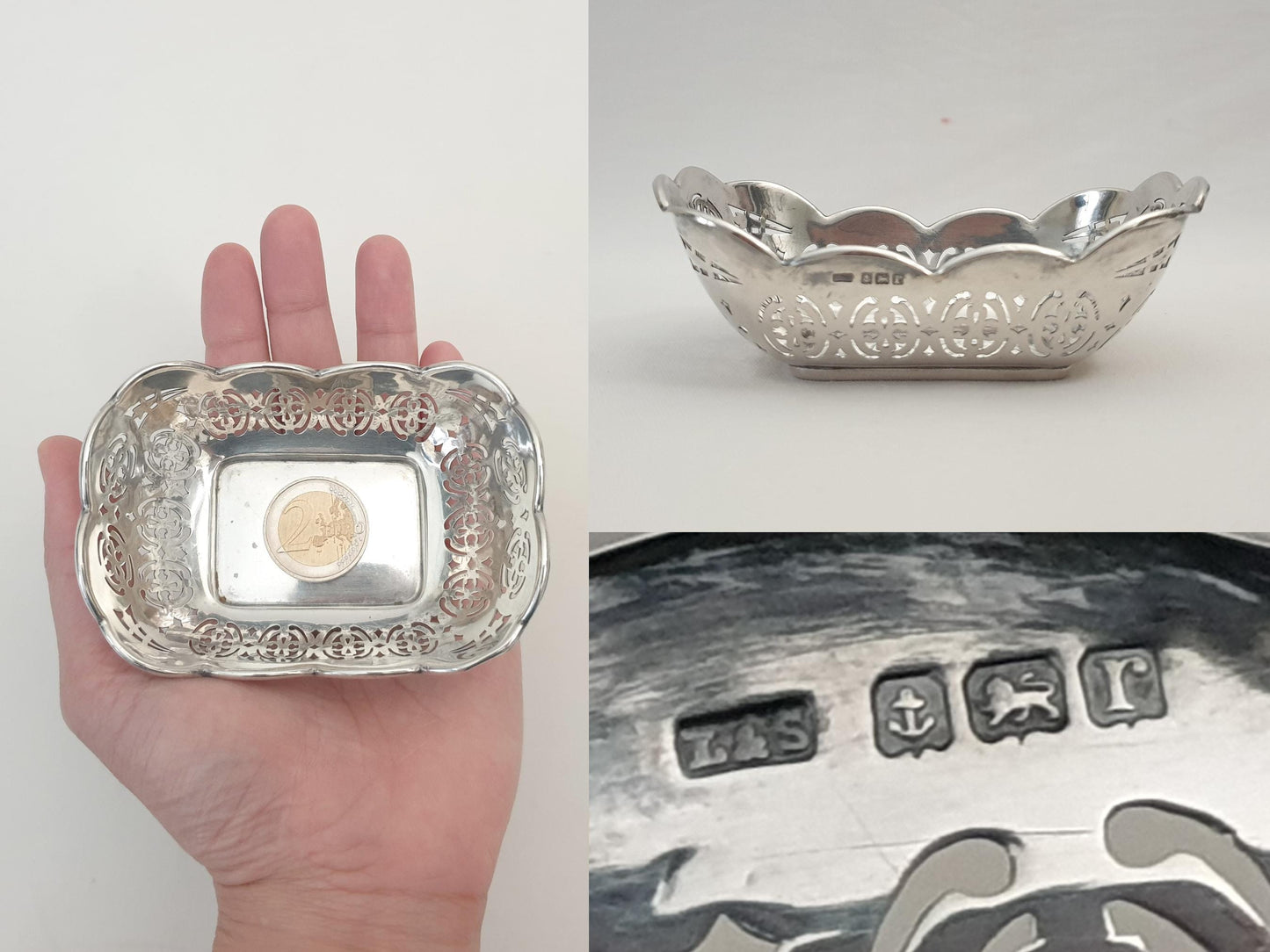 Antique English 925 Sterling Silver Pierced Small Dish - Birmingham 1916 by Levi & Salaman - Silver Ring Dish or Bon Bon Dish - Nut dish