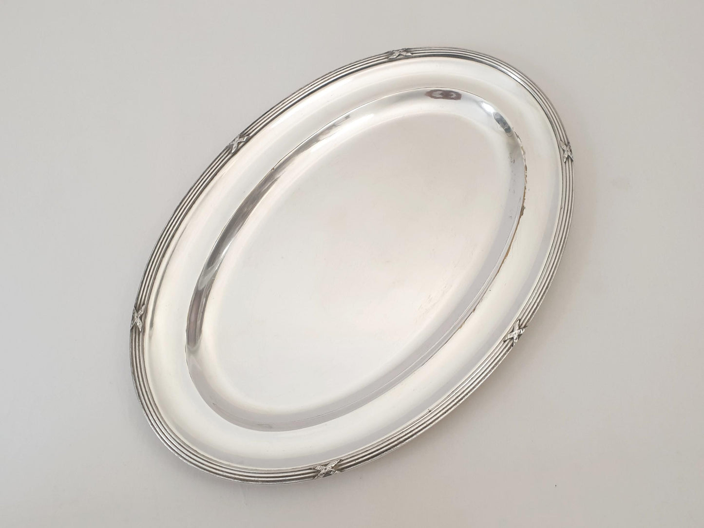 Vintage Large Silver Plated Oval Serving Tray with Ribbon Rim