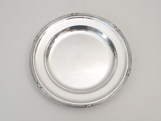 French Large Silver Plated Round Platter or Serving Tray with Ribbon Rim