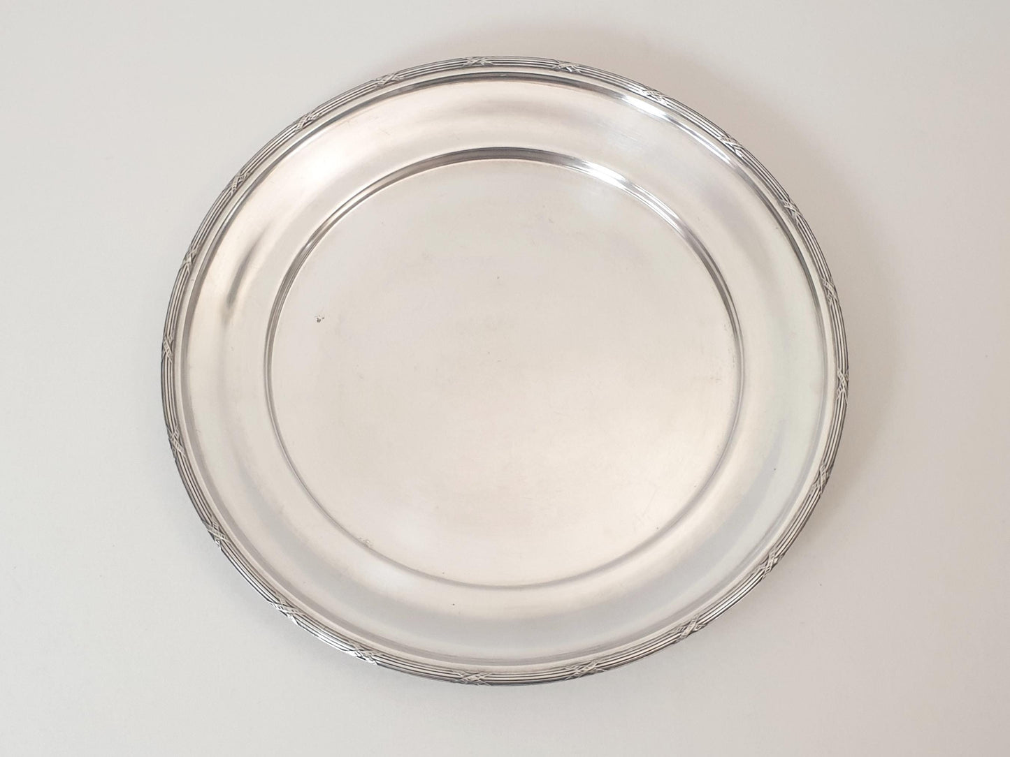 Vintage Large Silver Plated Round Platter or Serving Tray with Ribbon Rim