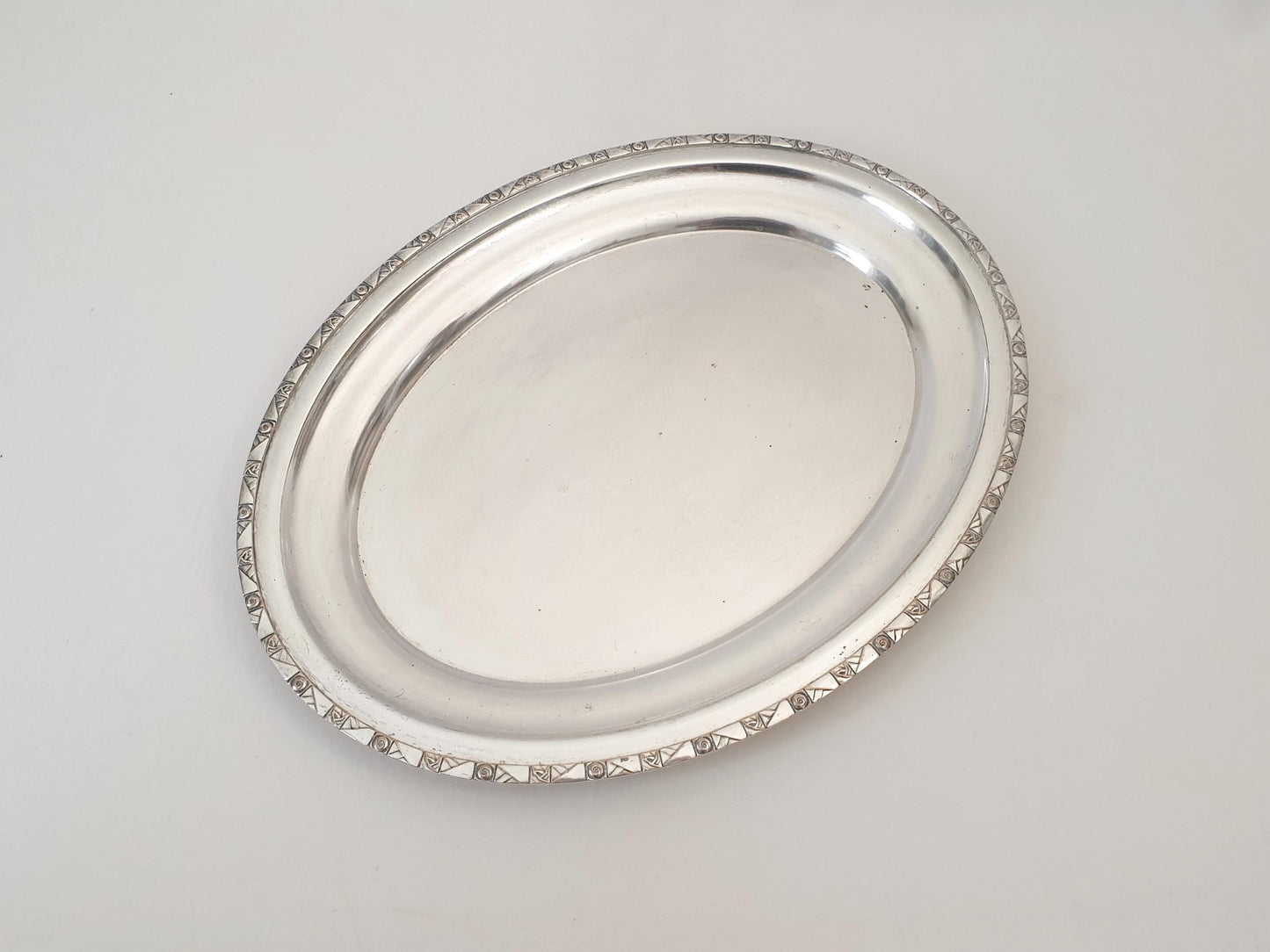 Vintage Large Silver Plated Oval Serving Tray with Floral Rim