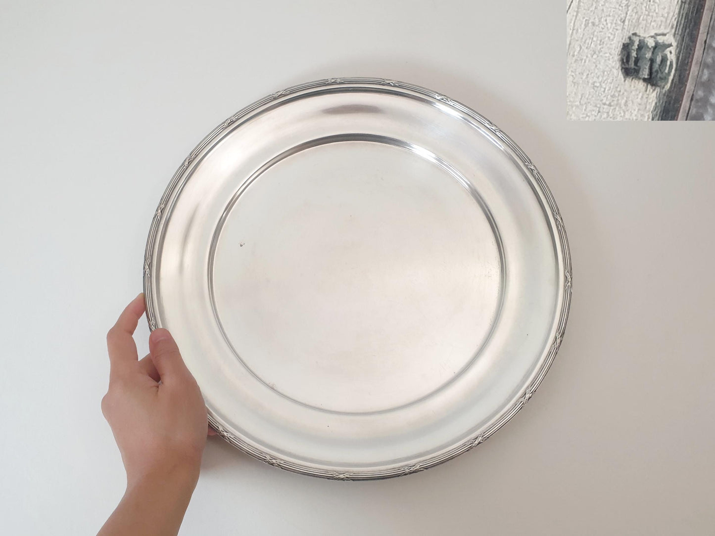 Vintage Large Silver Plated Round Platter or Serving Tray with Ribbon Rim