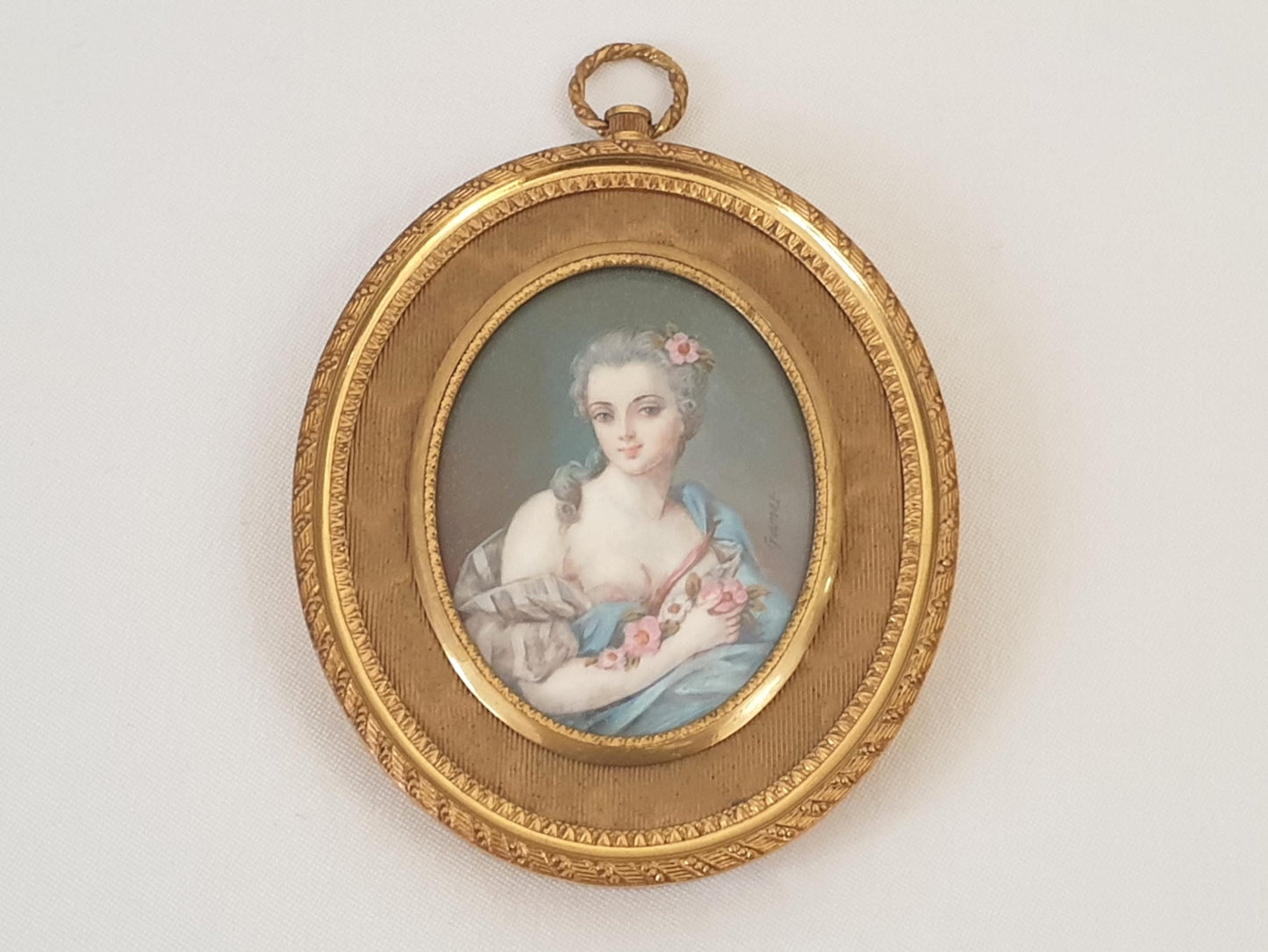 Antique 19th Century Hand Painted French School Miniature Portrait of a Lady with Flowers, Signed GAMET, in Gilded Bronze Medallion Frame