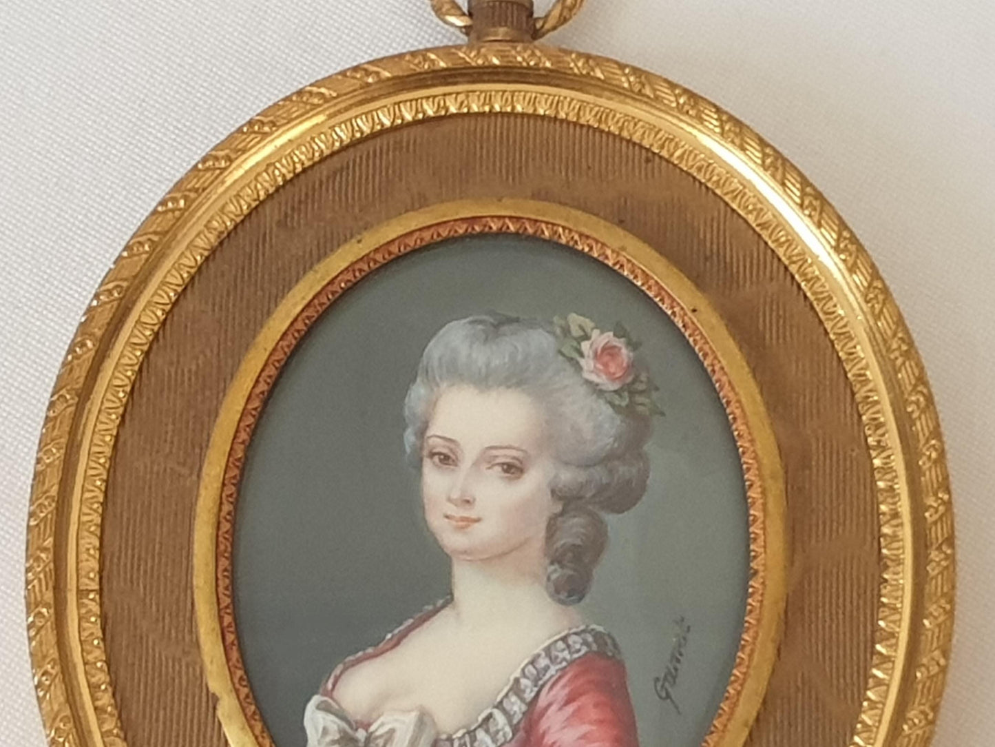 Antique 19th Century Hand Painted French School Miniature Portrait of a Beautiful Lady, Signed GAMET, in Gilded Bronze Medallion Frame