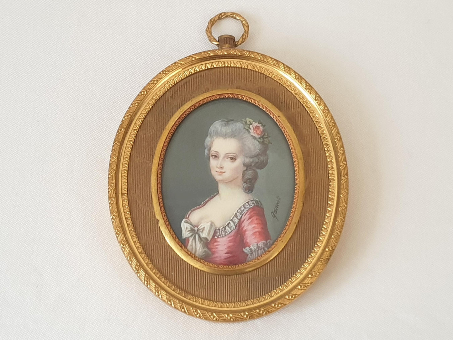 Antique 19th Century Hand Painted French School Miniature Portrait of a Beautiful Lady, Signed GAMET, in Gilded Bronze Medallion Frame