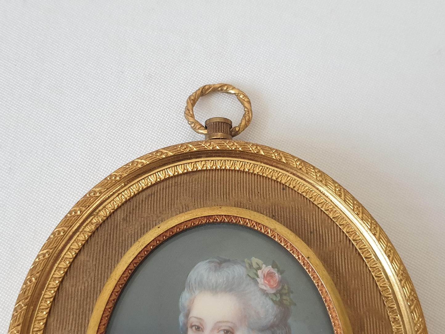 Antique 19th Century Hand Painted French School Miniature Portrait of a Beautiful Lady, Signed GAMET, in Gilded Bronze Medallion Frame