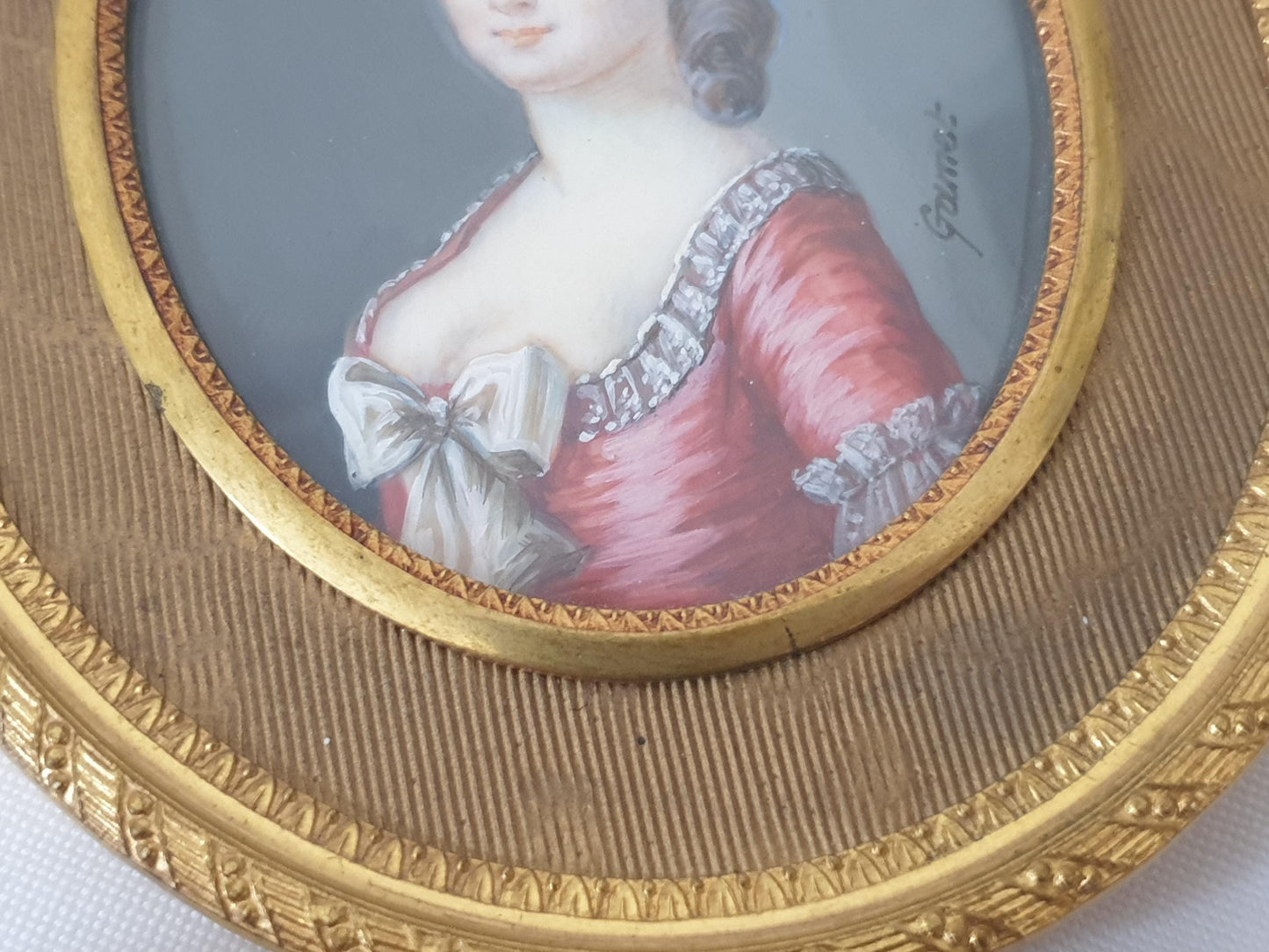 Antique 19th Century Hand Painted French School Miniature Portrait of a Beautiful Lady, Signed GAMET, in Gilded Bronze Medallion Frame